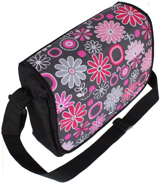 Plecak szkolny czarny w różowe kwiaty, torba listonoszka i piórnik.